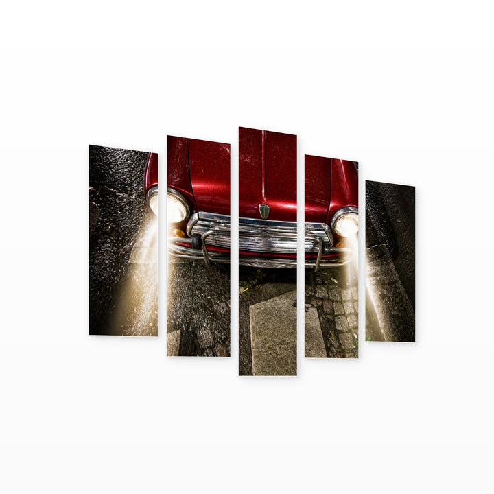 Red Retro Car with Dramatic Contrast — five-panel wall art on white background in perspective | 5wallart 54628 M1