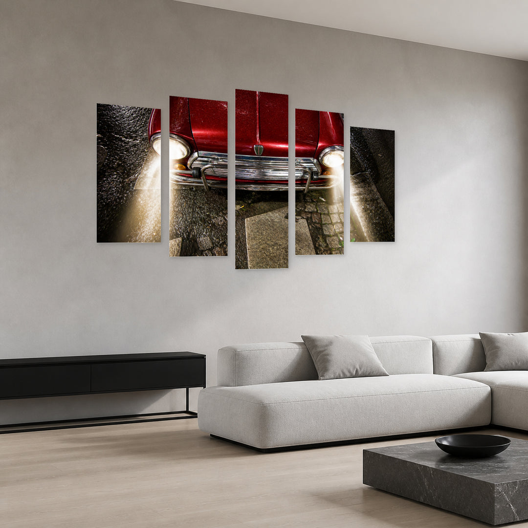Red Retro Car with Dramatic Contrast — five-panel wall art in perspective interior | 5wallart 54628 M2