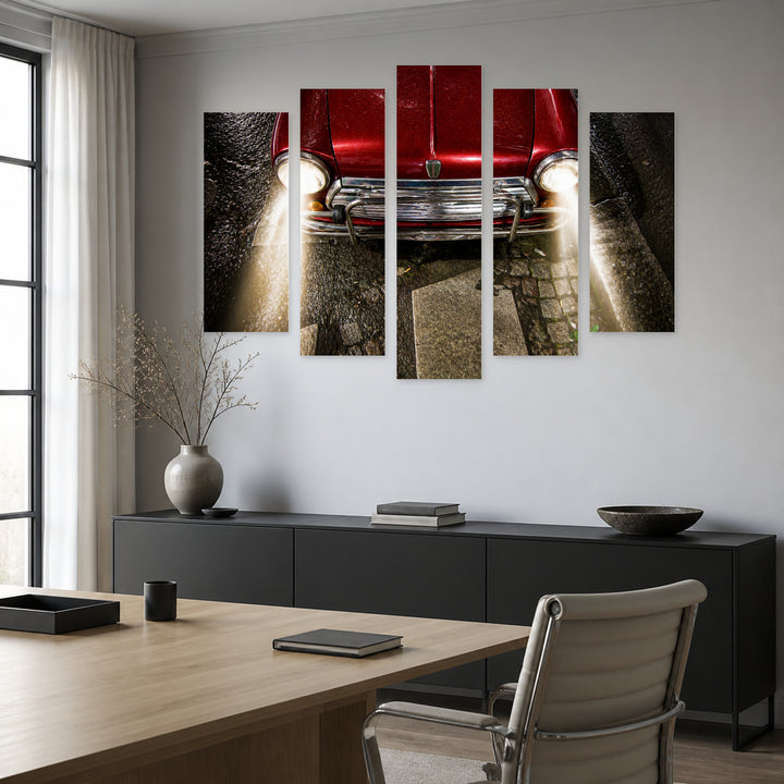 Red Retro Car with Dramatic Contrast — five-panel wall art in frontal interior | 5wallart 54628 M3
