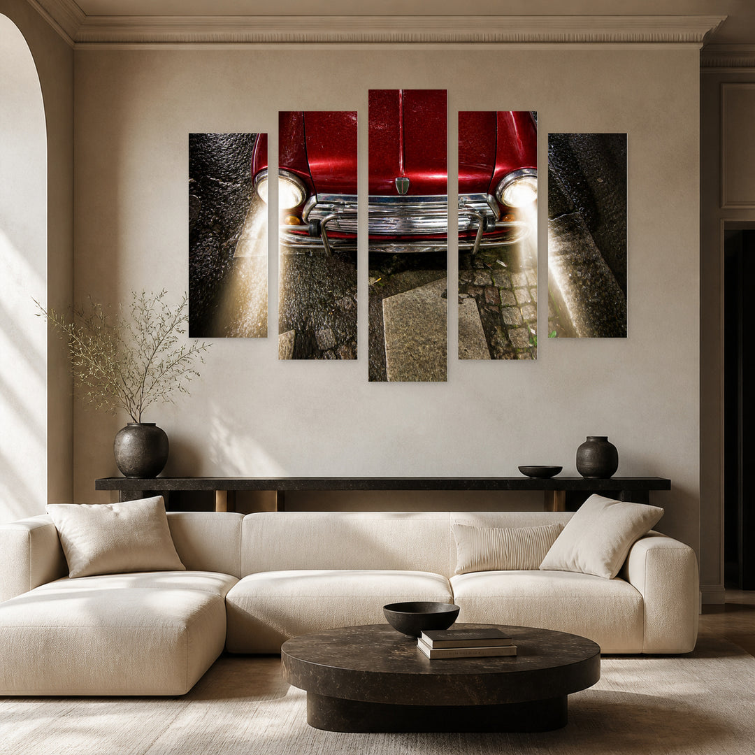 Red Retro Car with Dramatic Contrast — five-panel wall art in alternate frontal interior | 5wallart 54628 M4