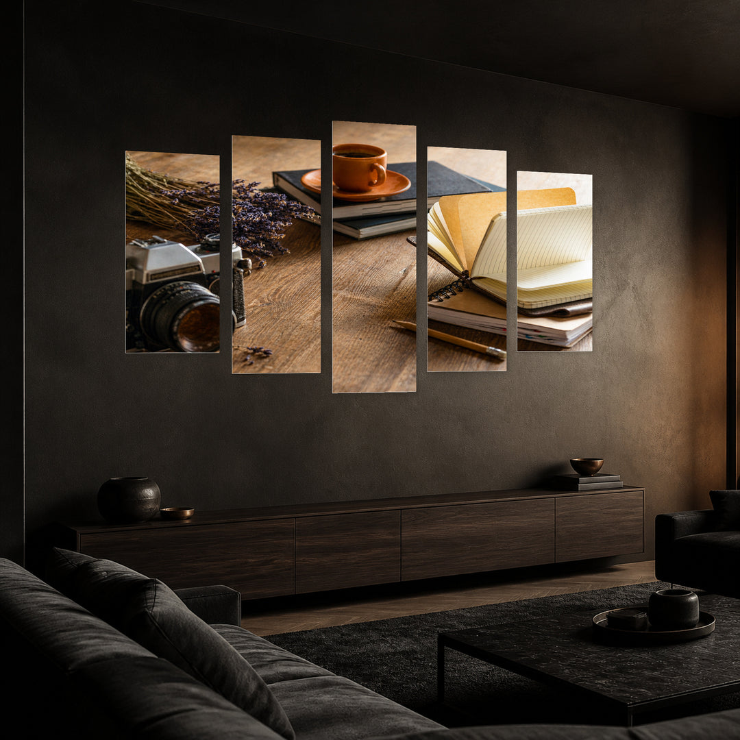 Cozy Setting with Geometric Rhythm — five-panel wall art in perspective interior | 5wallart 54629 M2