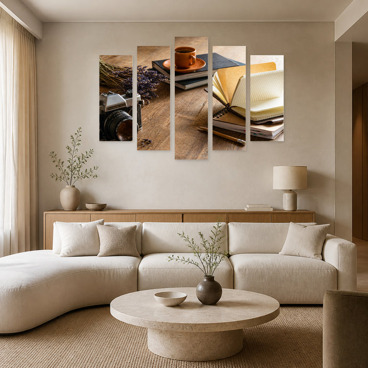 Cozy Setting with Geometric Rhythm — five-panel wall art in frontal interior | 5wallart 54629 M3