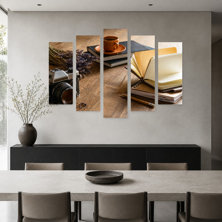 Cozy Setting with Geometric Rhythm — five-panel wall art in alternate frontal interior | 5wallart 54629 M4