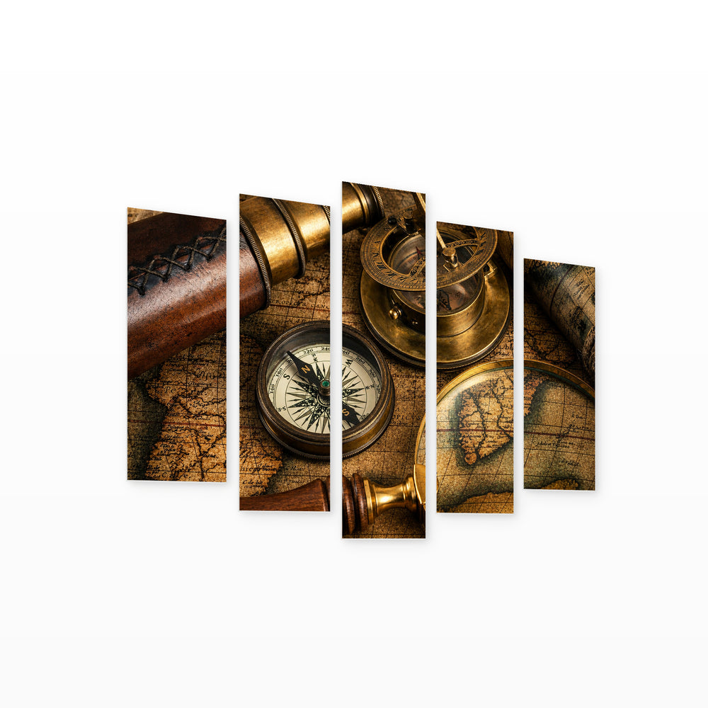 Old Retro Compasses with Geometric Rhythm — five-panel wall art on white background in perspective | 5wallart 54630 M1