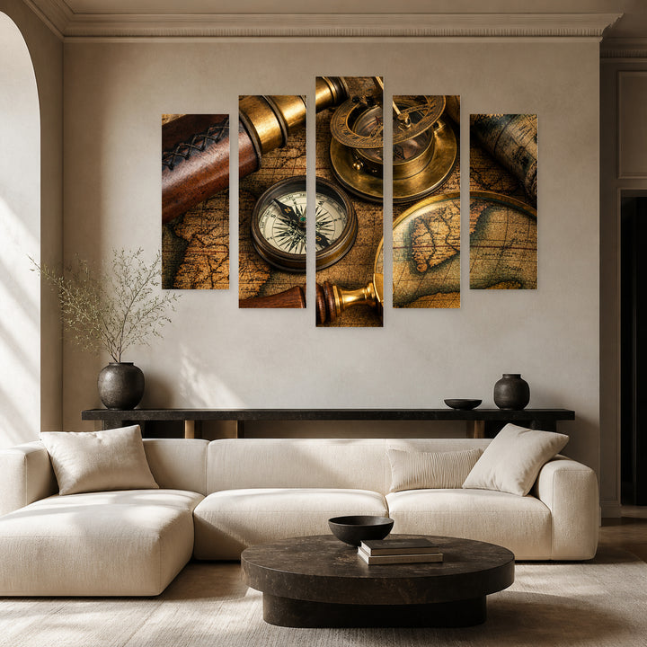 Old Retro Compasses with Geometric Rhythm — five-panel wall art in alternate frontal interior | 5wallart 54630 M4