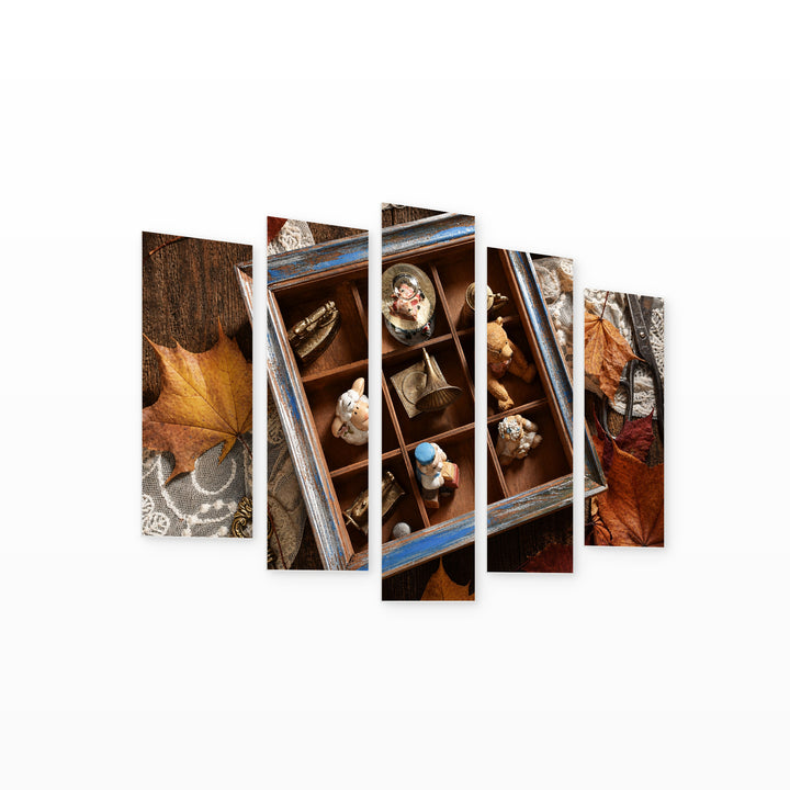 Vintage Still Life with Miniature Collections Vintage Study — five-panel wall art on white background in perspective | 5wallart 54631 M1