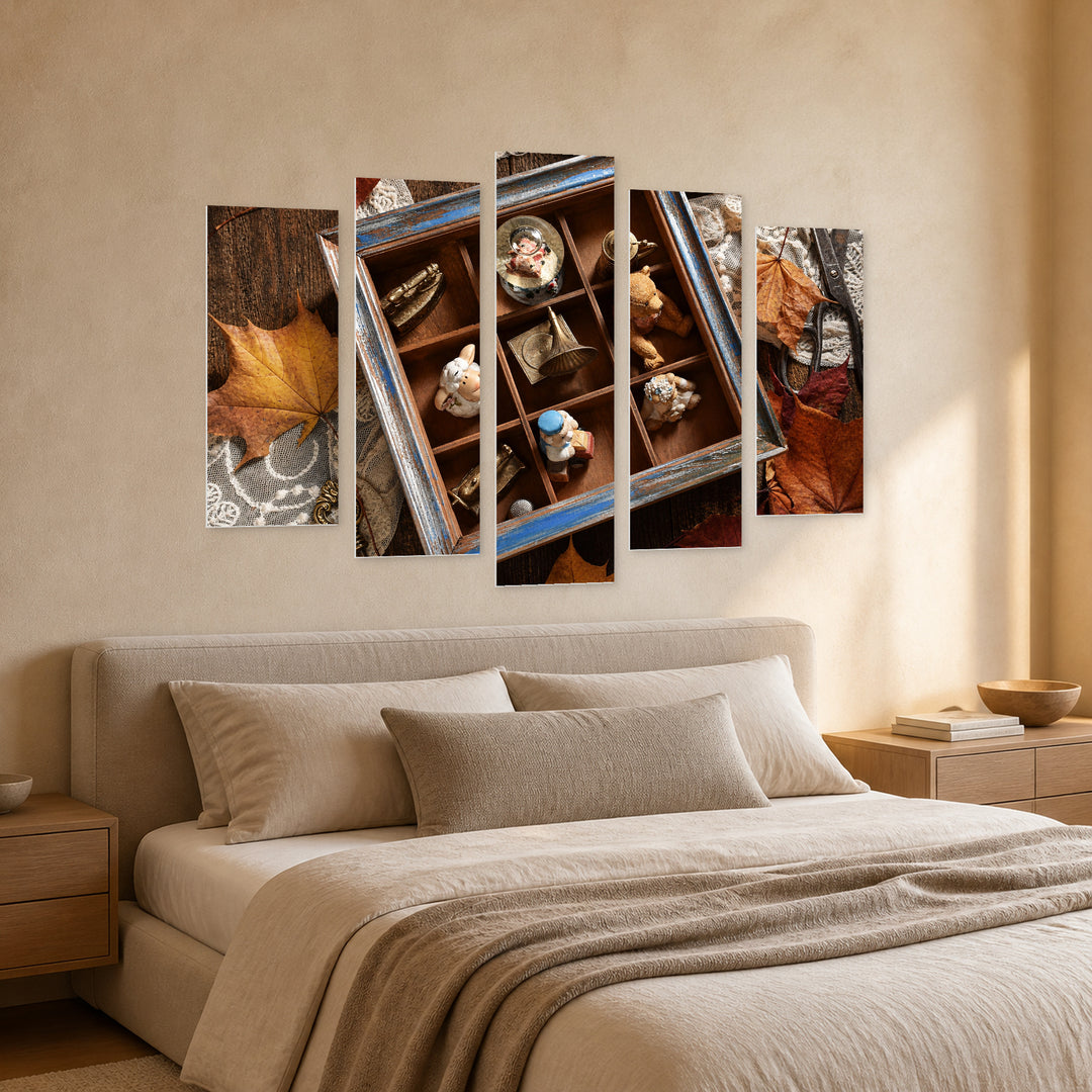 Vintage Still Life with Miniature Collections Vintage Study — five-panel wall art in perspective interior | 5wallart 54631 M2