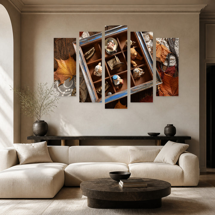 Vintage Still Life with Miniature Collections Vintage Study — five-panel wall art in frontal interior | 5wallart 54631 M3