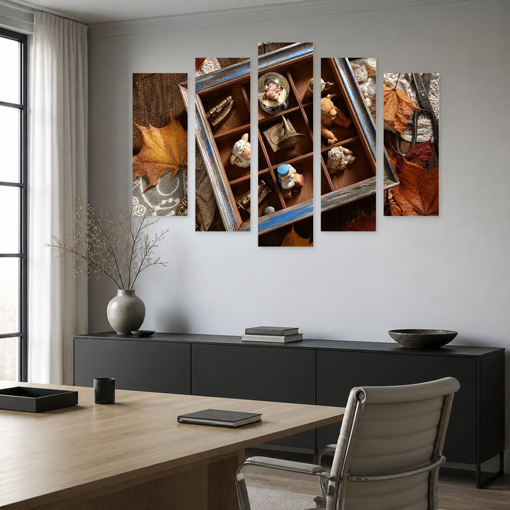 Vintage Still Life with Miniature Collections Vintage Study — five-panel wall art in alternate frontal interior | 5wallart 54631 M4