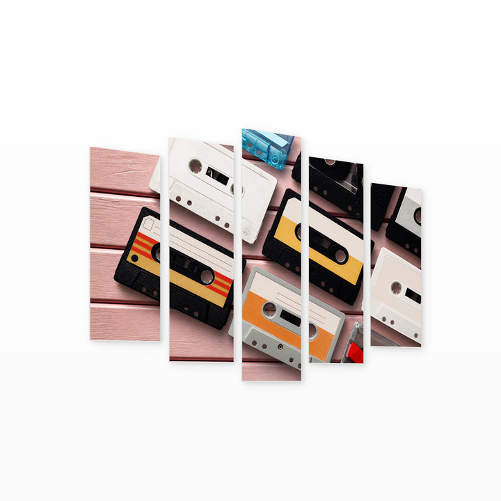 Collection of Retro Audio Cassettes with Geometric Rhythm — five-panel wall art on white background in perspective | 5wallart 54633 M1