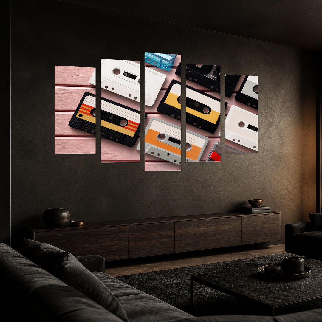Collection of Retro Audio Cassettes with Geometric Rhythm — five-panel wall art in perspective interior | 5wallart 54633 M2