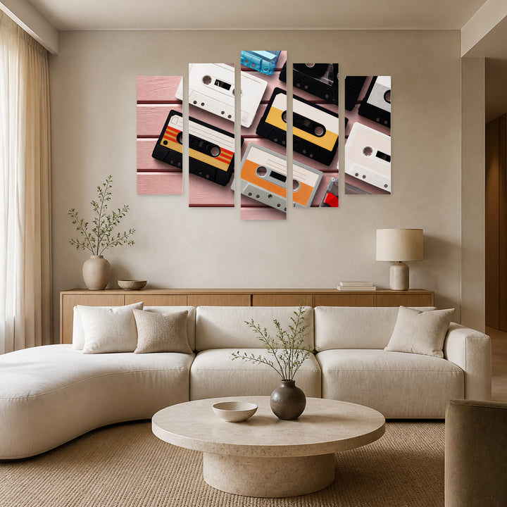 Collection of Retro Audio Cassettes with Geometric Rhythm — five-panel wall art in frontal interior | 5wallart 54633 M3