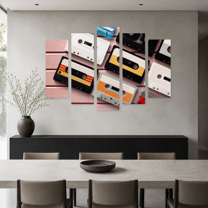 Collection of Retro Audio Cassettes with Geometric Rhythm — five-panel wall art in alternate frontal interior | 5wallart 54633 M4