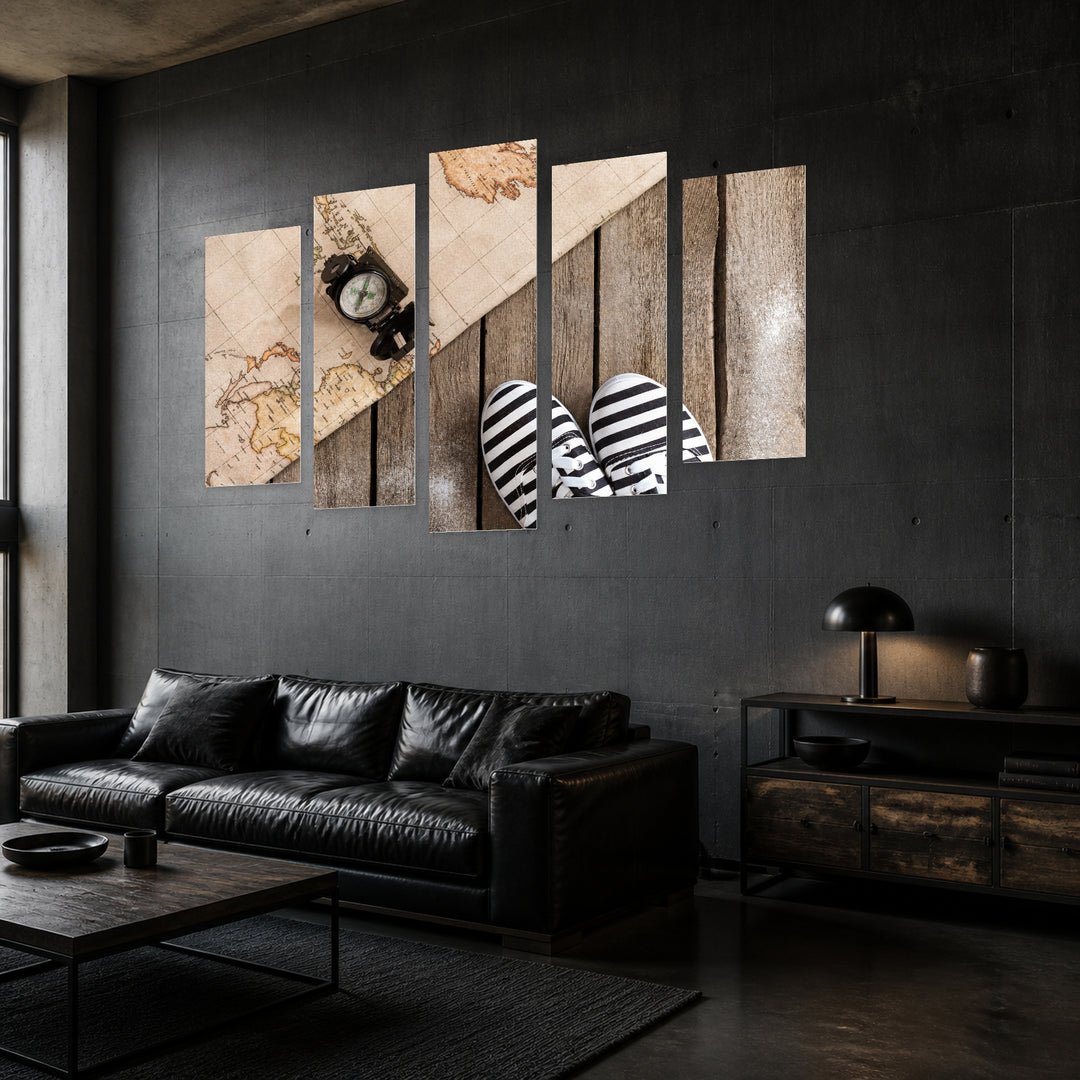 Compass and World Map Vintage Study — five-panel wall art in perspective interior | 5wallart 54634 M2