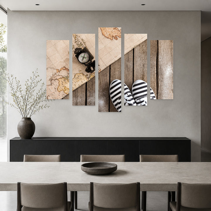 Compass and World Map Vintage Study — five-panel wall art in frontal interior | 5wallart 54634 M3