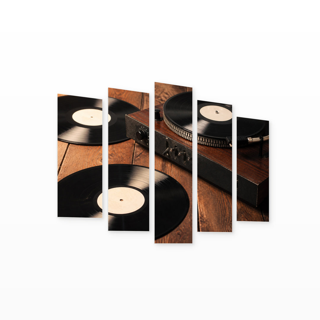 Gramophone Records with Vintage Character — five-panel wall art on white background in perspective | 5wallart 54635 M1