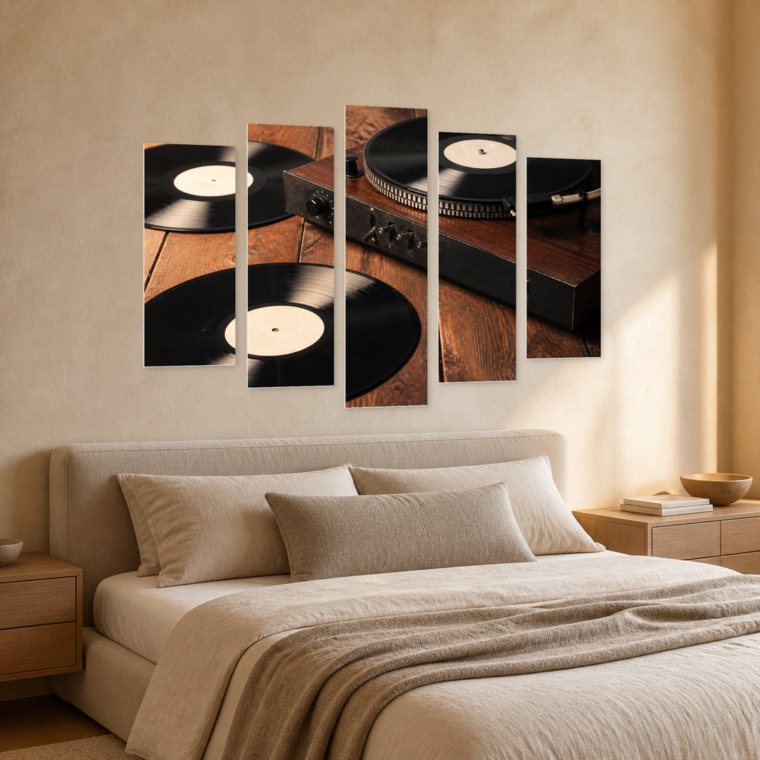 Gramophone Records with Vintage Character — five-panel wall art in perspective interior | 5wallart 54635 M2