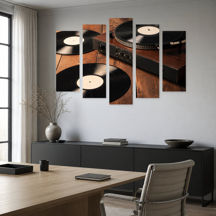 Gramophone Records with Vintage Character — five-panel wall art in alternate frontal interior | 5wallart 54635 M4
