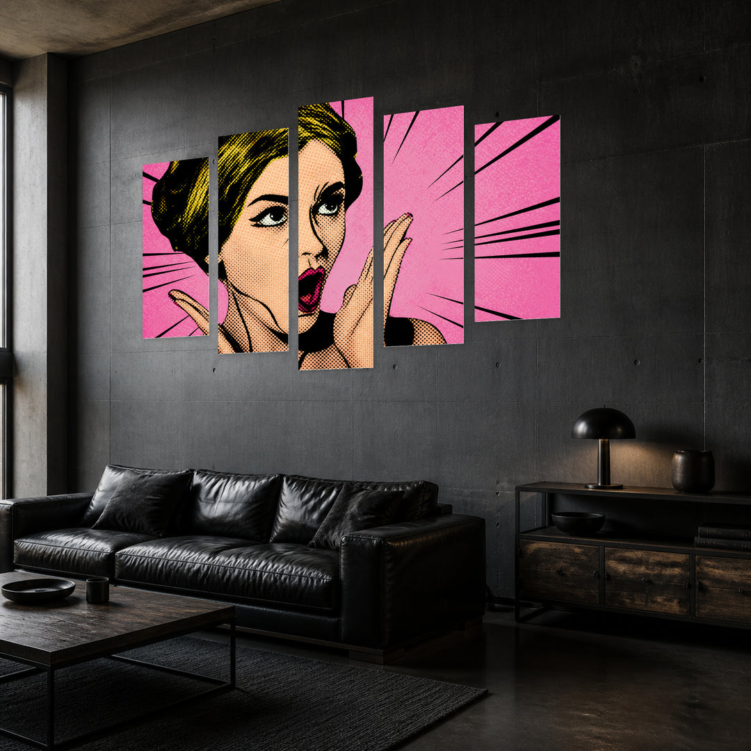 Pop Art Comic in Vivid Color — five-panel wall art in perspective interior | 5wallart 54636 M2