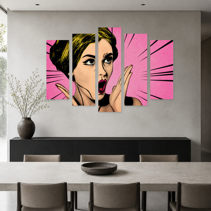 Pop Art Comic in Vivid Color — five-panel wall art in frontal interior | 5wallart 54636 M3