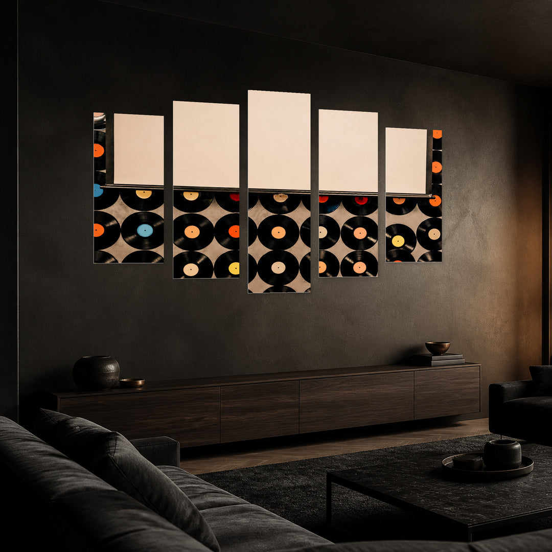 Vinyl Records with Geometric Rhythm — five-panel wall art in perspective interior | 5wallart 54637 M2