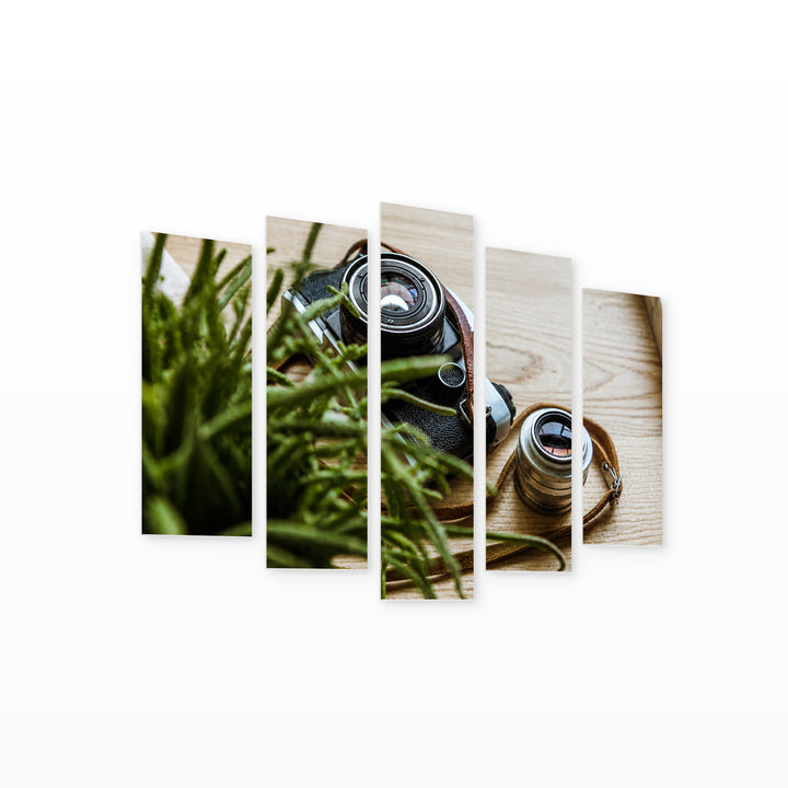 Old Retro Camera Vintage Study — five-panel wall art on white background in perspective | 5wallart 54638 M1