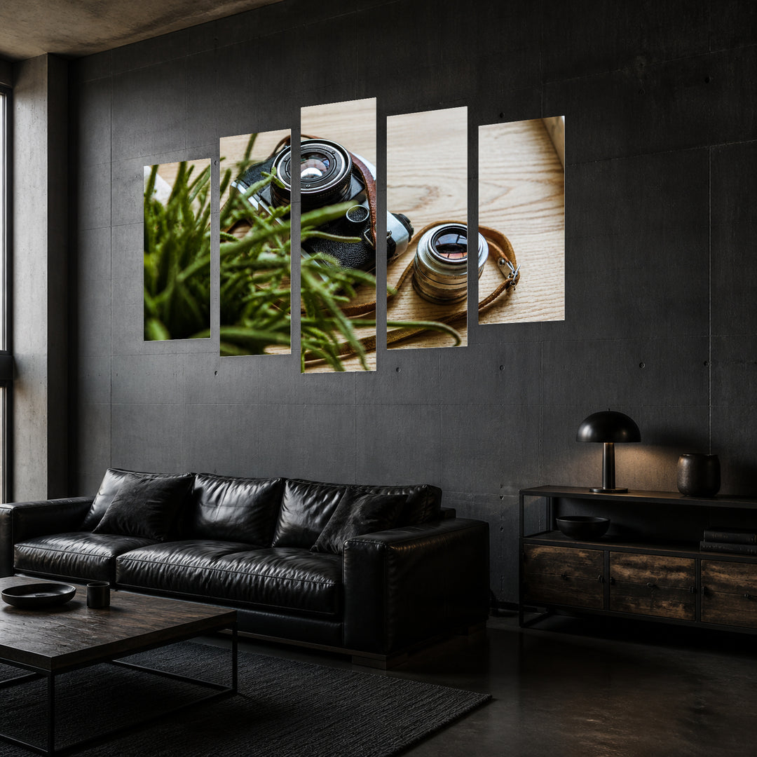 Old Retro Camera Vintage Study — five-panel wall art in perspective interior | 5wallart 54638 M2