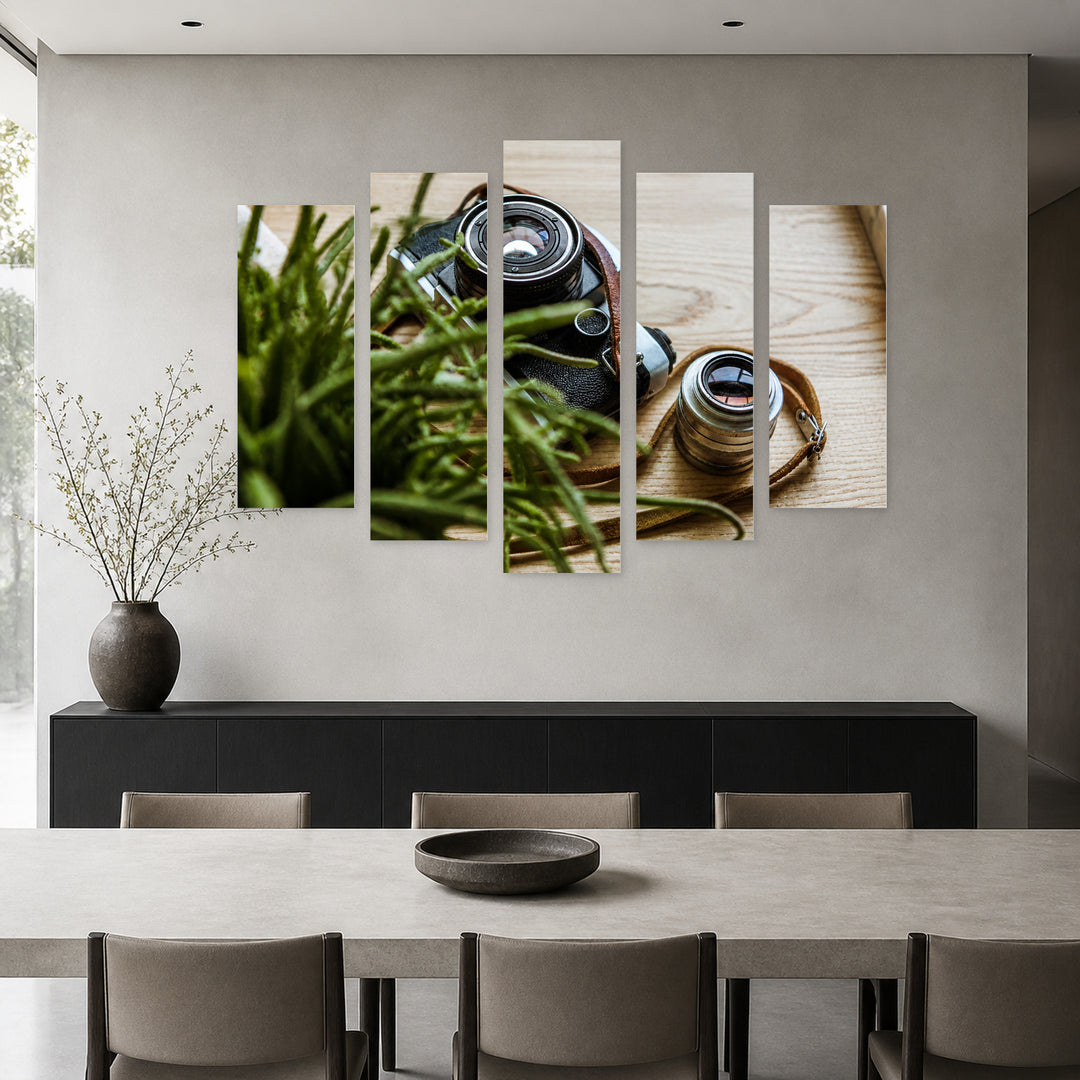 Old Retro Camera Vintage Study — five-panel wall art in frontal interior | 5wallart 54638 M3