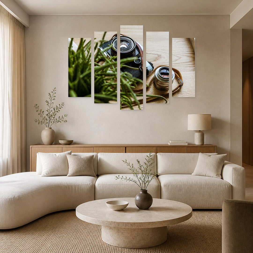 Old Retro Camera Vintage Study — five-panel wall art in alternate frontal interior | 5wallart 54638 M4
