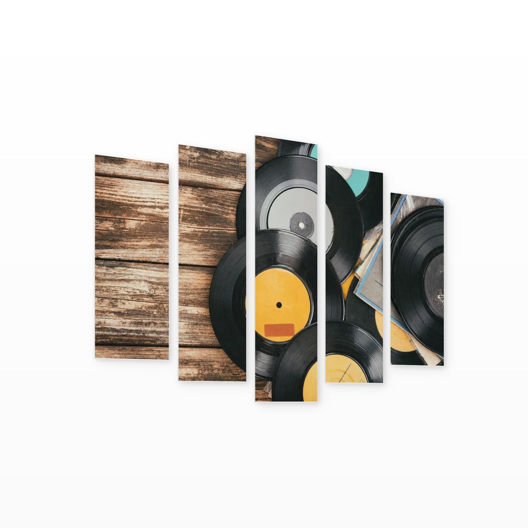 Vintage Gramophone Records with Dreamlike Atmosphere — five-panel wall art on white background in perspective | 5wallart 54640 M1