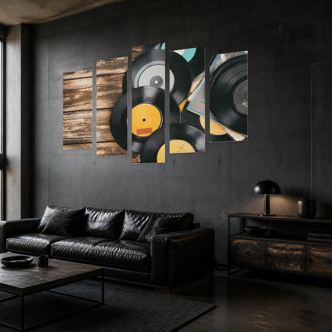 Vintage Gramophone Records with Dreamlike Atmosphere — five-panel wall art in perspective interior | 5wallart 54640 M2