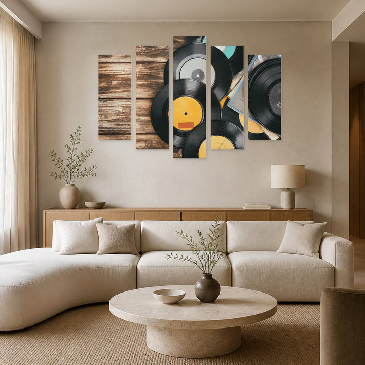 Vintage Gramophone Records with Dreamlike Atmosphere — five-panel wall art in alternate frontal interior | 5wallart 54640 M4