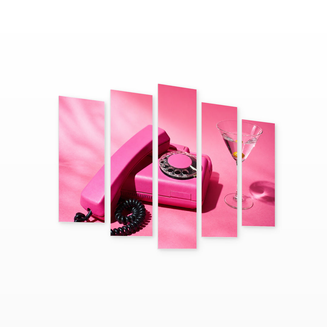 Retro Pink Phone in Serene Light — five-panel wall art on white background in perspective | 5wallart 54641 M1