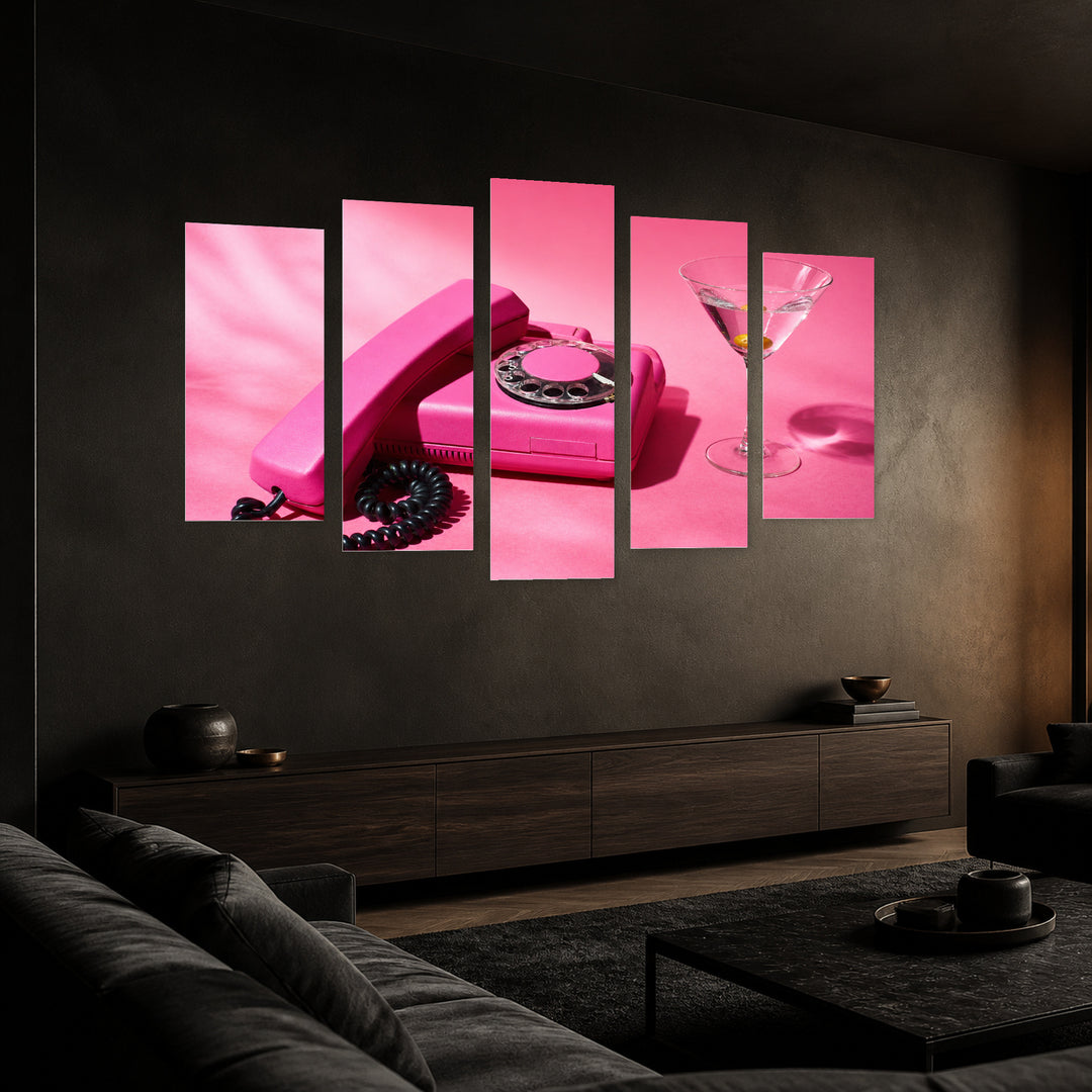 Retro Pink Phone in Serene Light — five-panel wall art in perspective interior | 5wallart 54641 M2