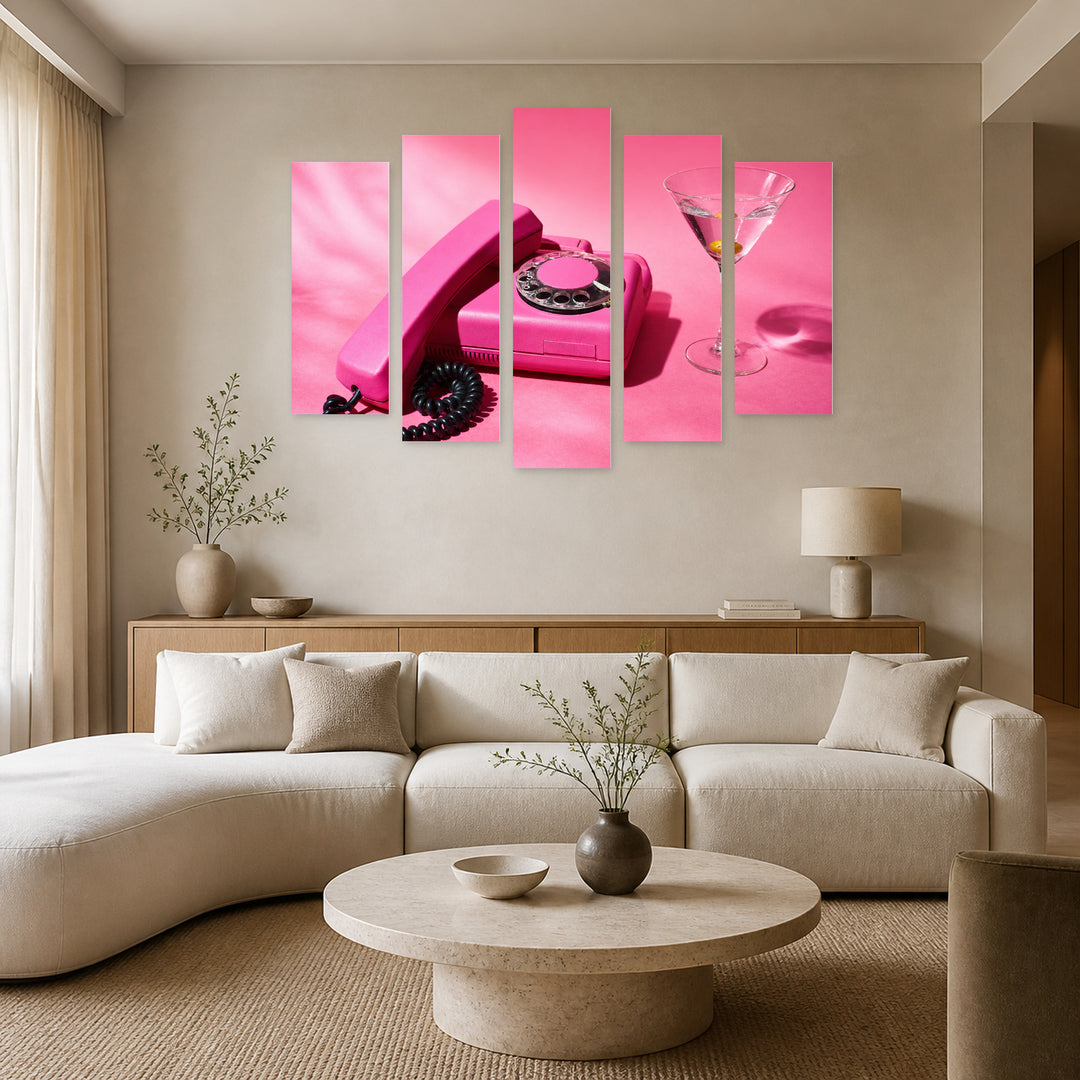 Retro Pink Phone in Serene Light — five-panel wall art in frontal interior | 5wallart 54641 M3