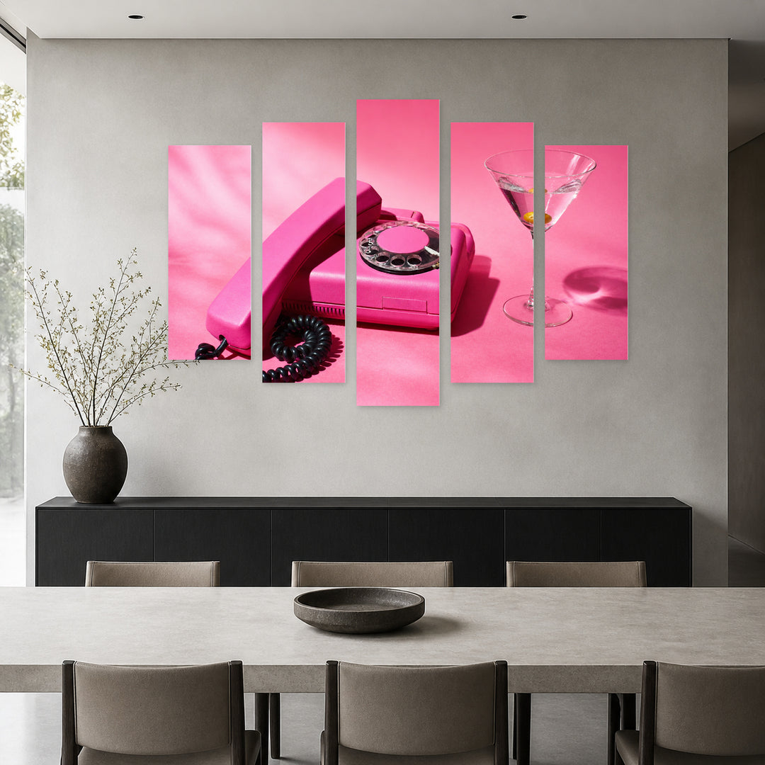 Retro Pink Phone in Serene Light — five-panel wall art in alternate frontal interior | 5wallart 54641 M4