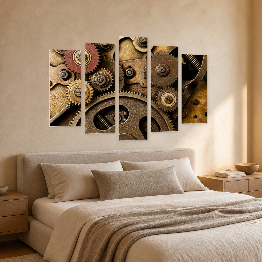 Retro Mechanism Vintage Study — five-panel wall art in perspective interior | 5wallart 54643 M2