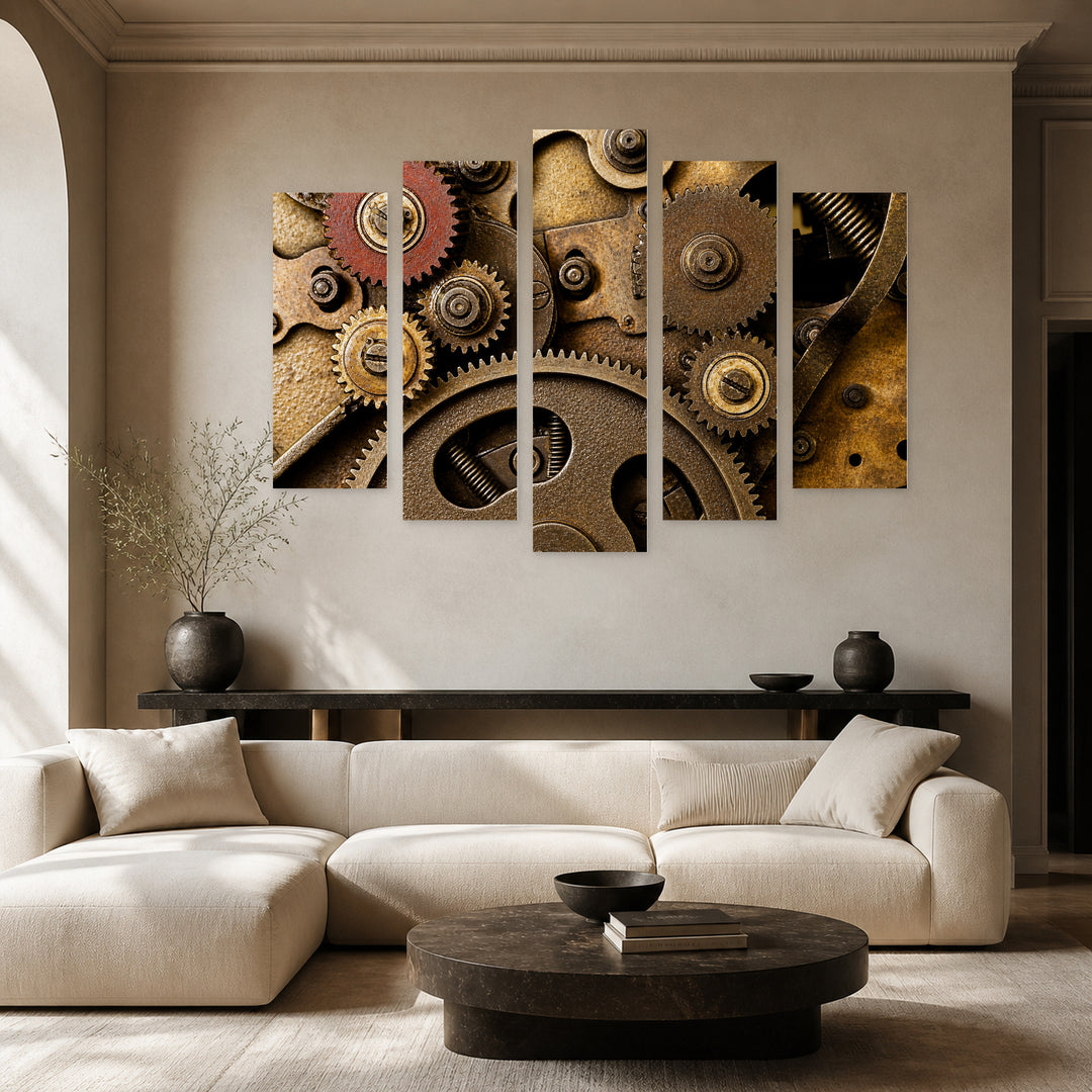 Retro Mechanism Vintage Study — five-panel wall art in frontal interior | 5wallart 54643 M3