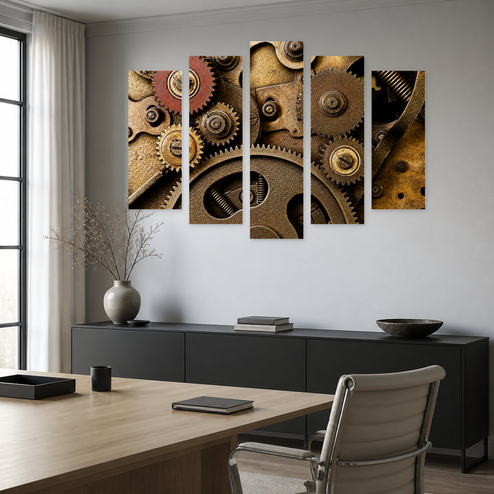 Retro Mechanism Vintage Study — five-panel wall art in alternate frontal interior | 5wallart 54643 M4