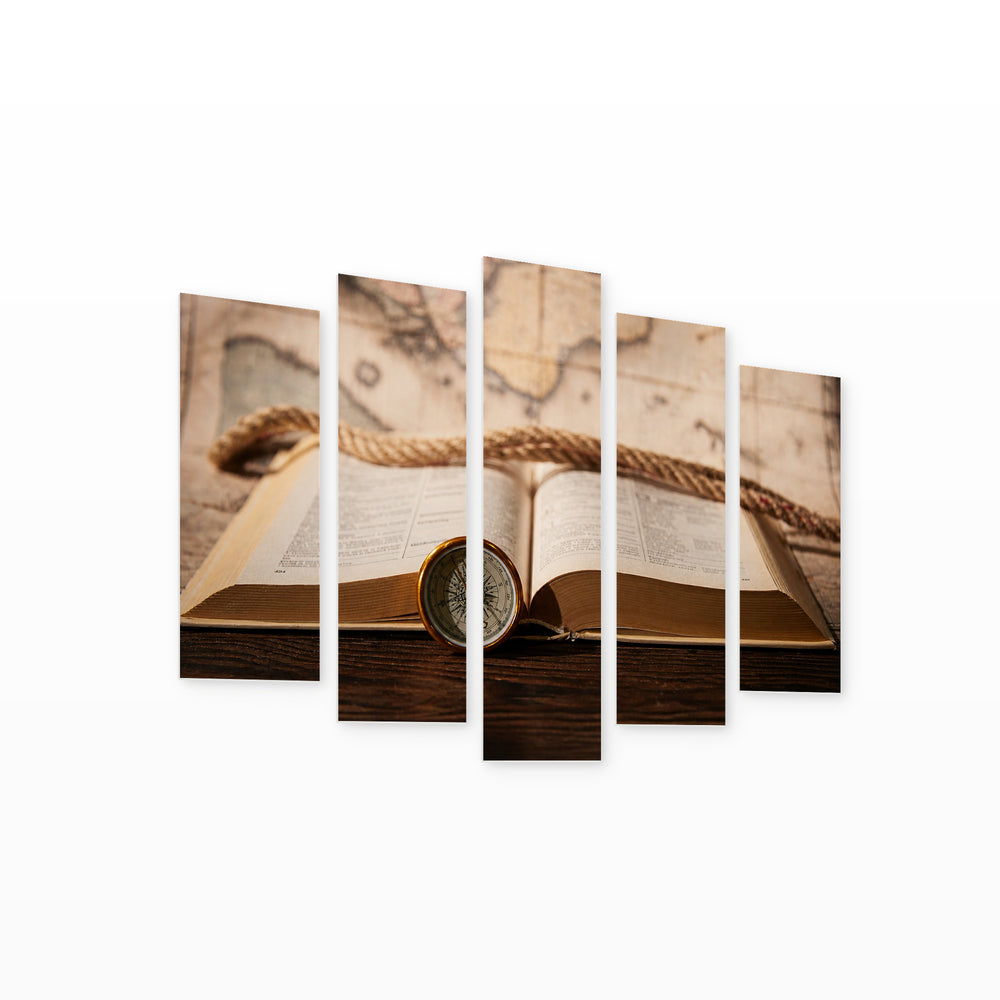Book and Compass in Serene Light — five-panel wall art on white background in perspective | 5wallart 54644 M1