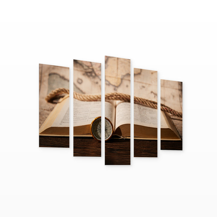 Book and Compass in Serene Light — five-panel wall art on white background in perspective | 5wallart 54644 M1