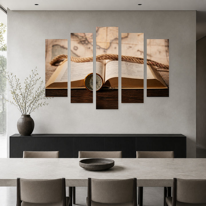Book and Compass in Serene Light — five-panel wall art in frontal interior | 5wallart 54644 M3