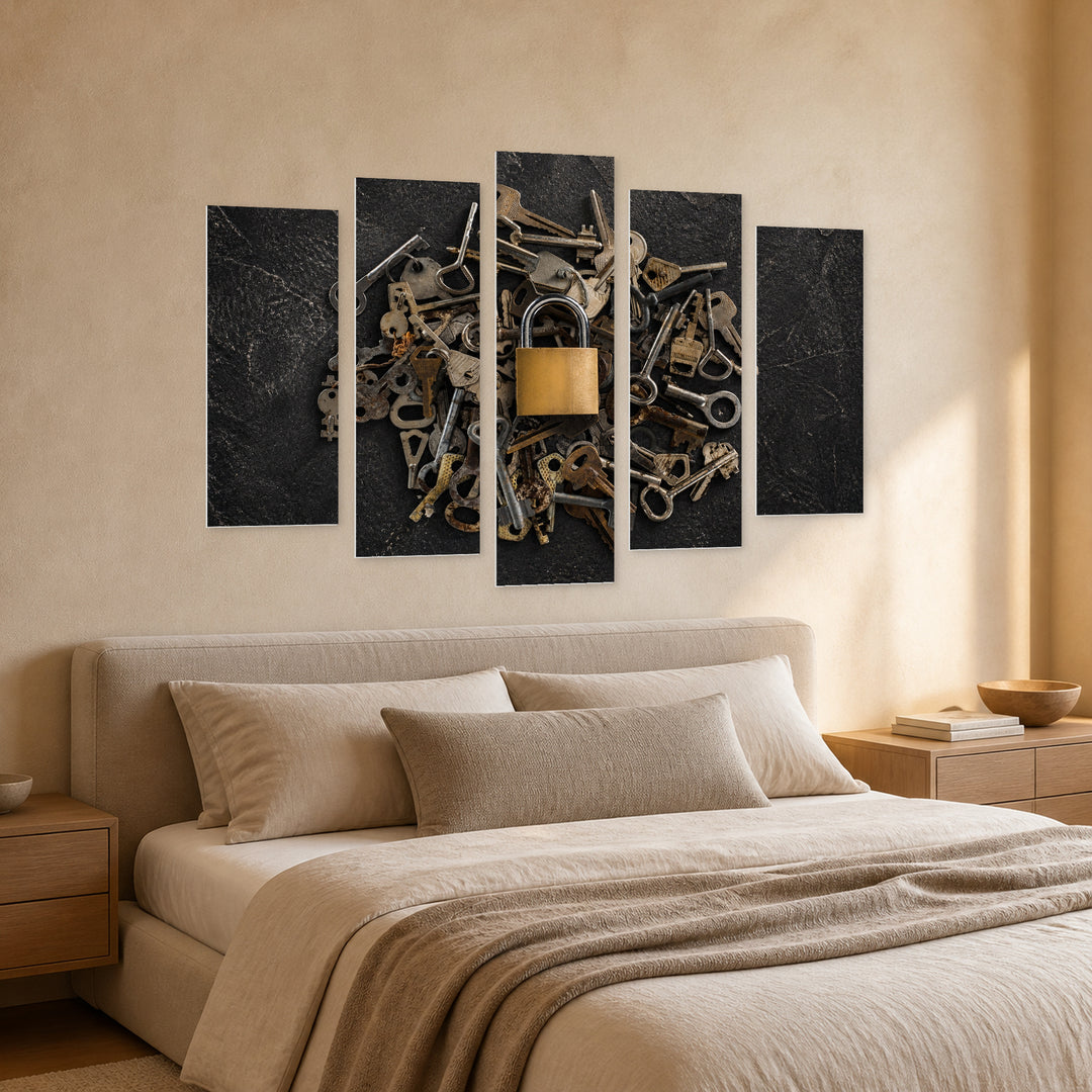 Metal Keys with a Lock Vintage Study — five-panel wall art in perspective interior | 5wallart 54645 M2