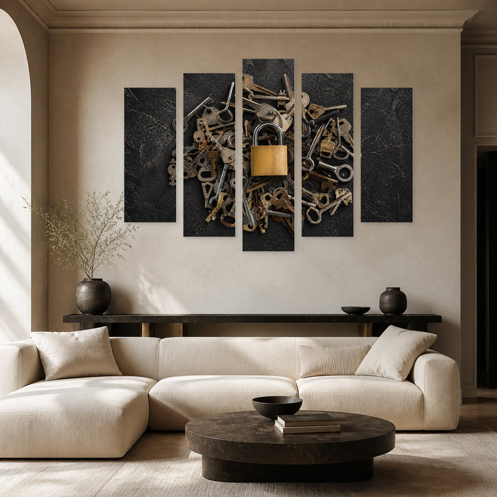 Metal Keys with a Lock Vintage Study — five-panel wall art in frontal interior | 5wallart 54645 M3