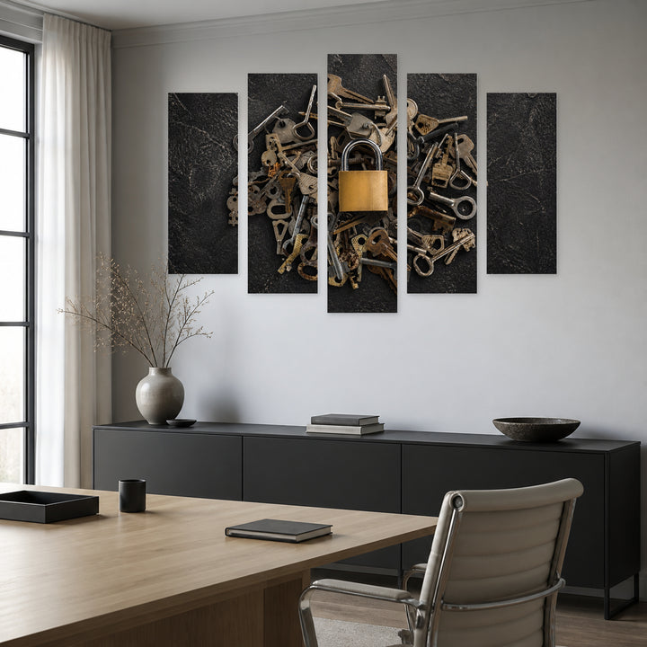 Metal Keys with a Lock Vintage Study — five-panel wall art in alternate frontal interior | 5wallart 54645 M4