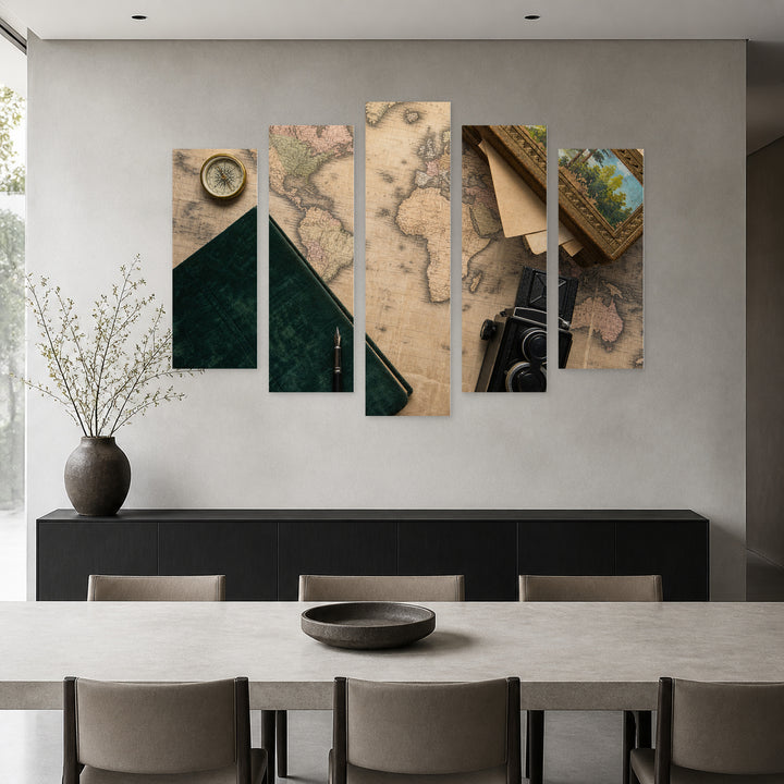 Retro Collection with Geometric Rhythm — five-panel wall art in frontal interior | 5wallart 54646 M3
