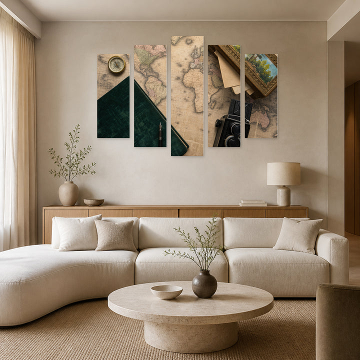 Retro Collection with Geometric Rhythm — five-panel wall art in alternate frontal interior | 5wallart 54646 M4
