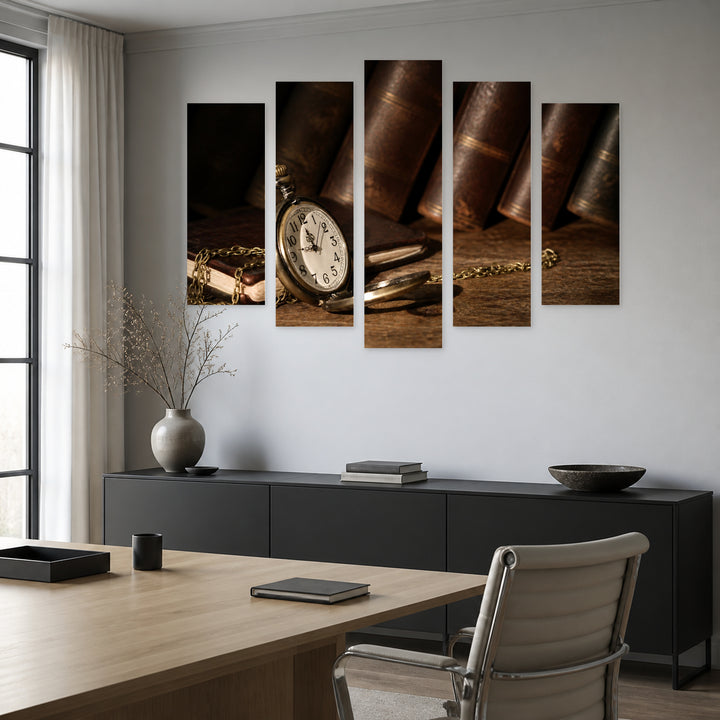Antique Pocket Watch in Serene Light — five-panel wall art in frontal interior | 5wallart 54648 M3