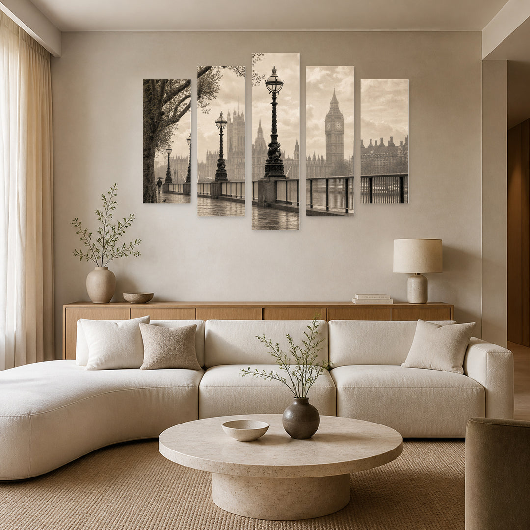 Old London Urban Panorama — five-panel wall art in frontal interior | 5wallart 54649 M3