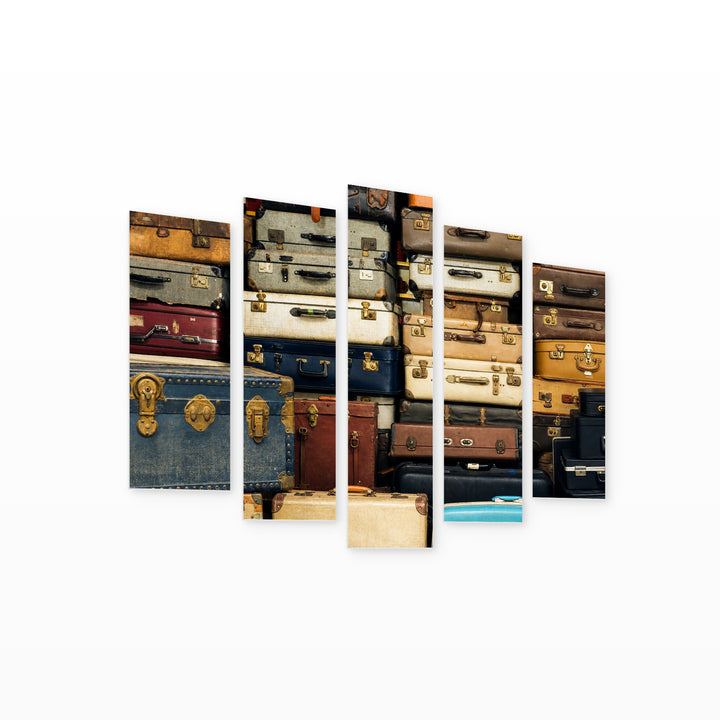 Retro Suitcases in Blue and Gold — five-panel wall art on white background in perspective | 5wallart 54650 M1